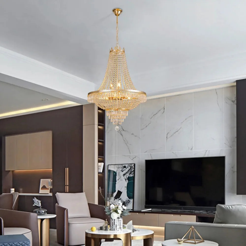 Luxury Crystal Chandelier, Modern Gold French Empire Crystal Ceiling Chandelier LED Ceiling Light Fixture Lamp for Living room