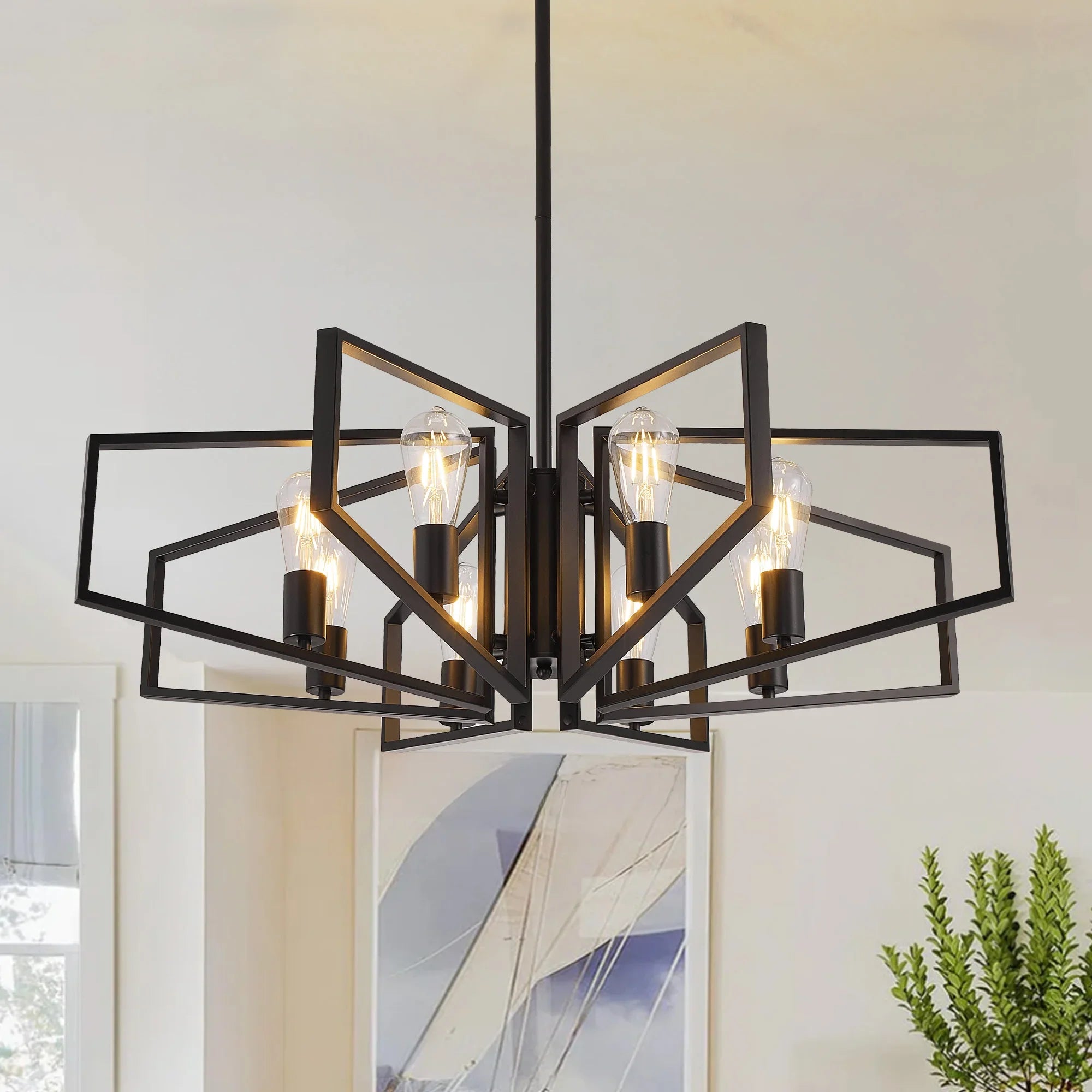 Modern 8-Light Geometric Chandelier Adjustable Height Metal Pendant Light with Black Frame & Golden Accents Ceiling Light Decor