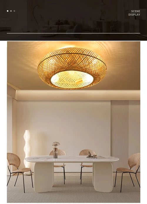 Bamboo Ceiling Fan Fans With Lights Remote Control Bedroom Decor Ventilator Lamp 50cm Air Invisible Blades Retractable Silent