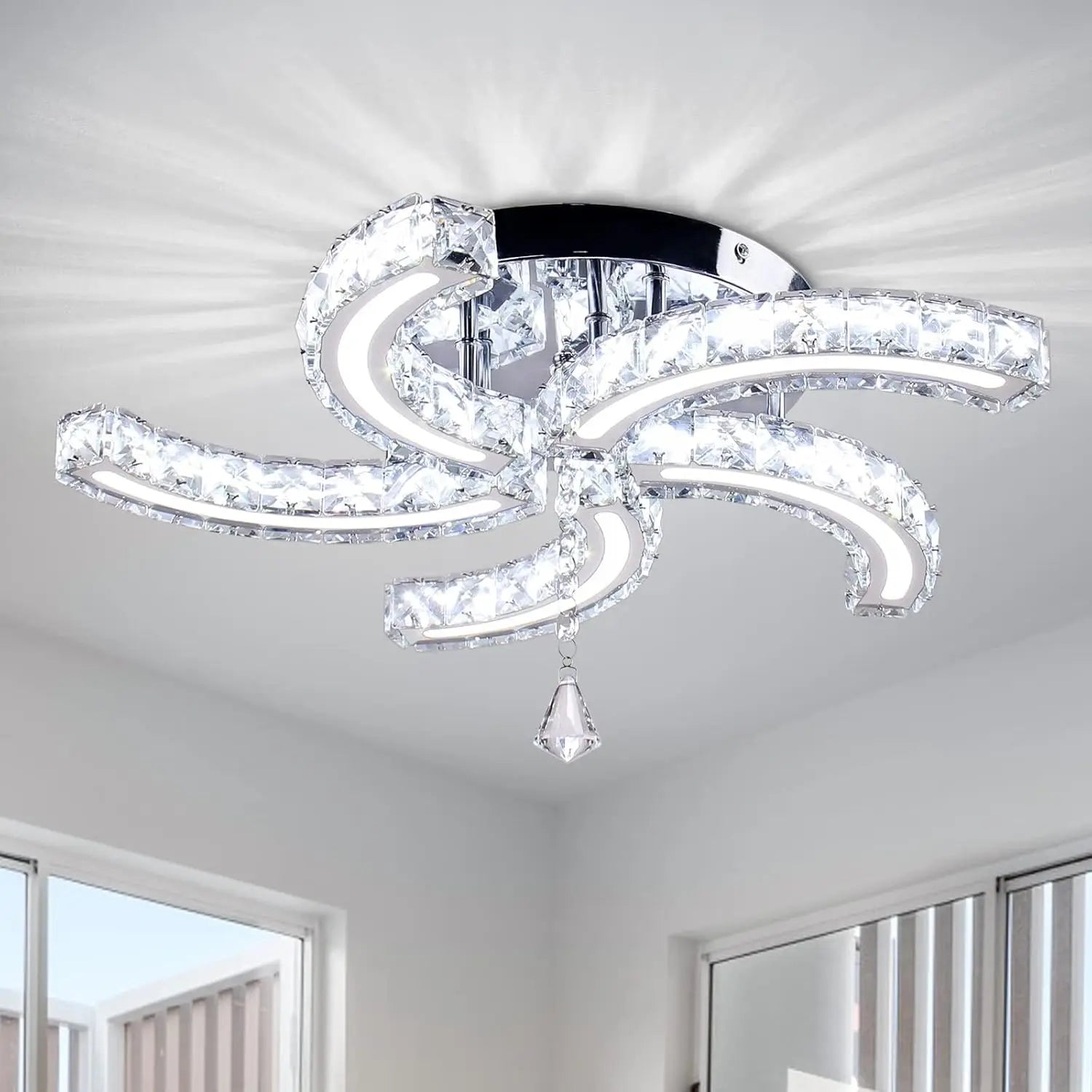 Modern Crystal Chandeliers Acrylic Crystal Led Ceiling Light Fixtures Arm Pendant Lighting Stainless Steel Ceiling Lamp Hanging